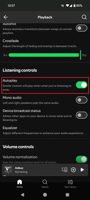 Attivazione della funzione AutoPlay nell'app Spotify.