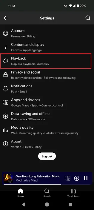 Tapping on Playback option in Spotify app.