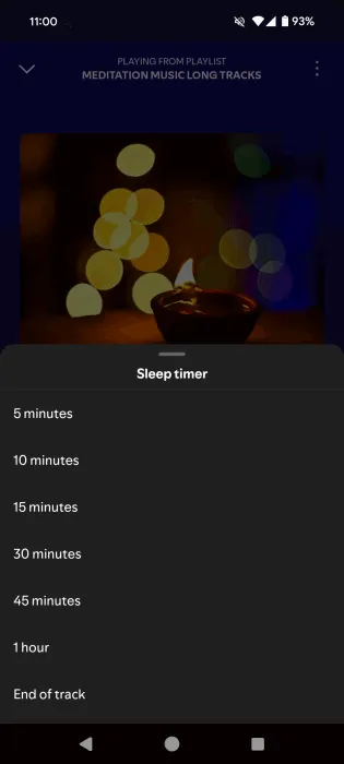 Selecting a Sleep timer option in Spotify app.