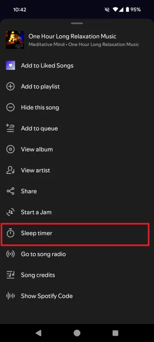 Tapping on Sleep Timer option in Spotify app.