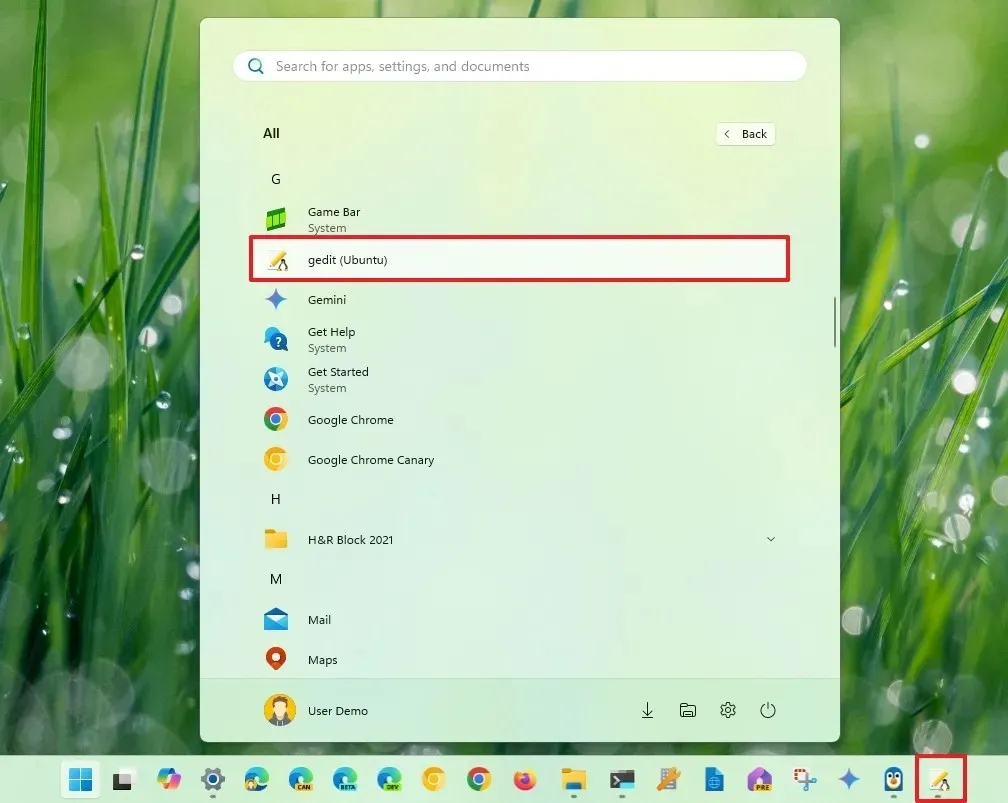 Voce dell'app GUI di Linux nel menu Start