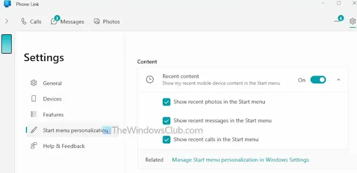 startmenu personalisatie telefoon link