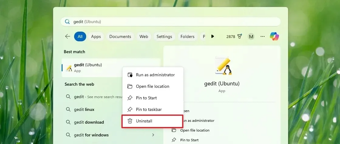 Disinstallare l'applicazione GUI Linux dal menu Start