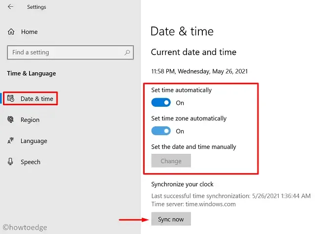 Sincronizar ahora: configuración de fecha y hora