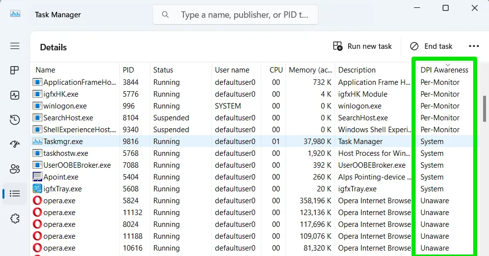 Task Manager displaying details