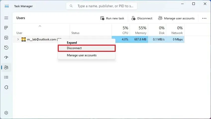 Task Manager disconnect user