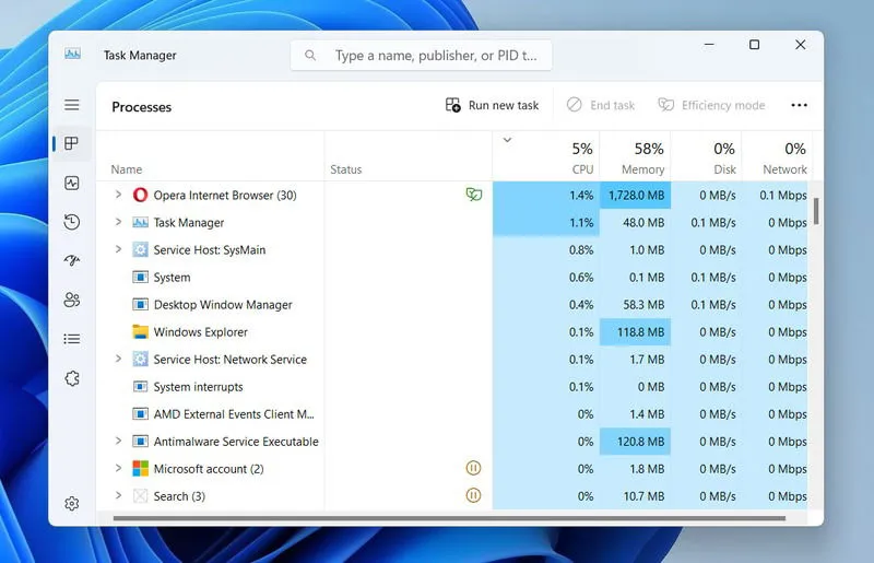 Administrador de tareas con fondo de Windows 11