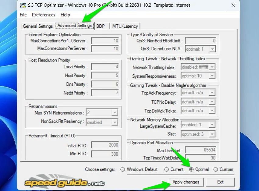 Configuración avanzada del Optimizador TCP