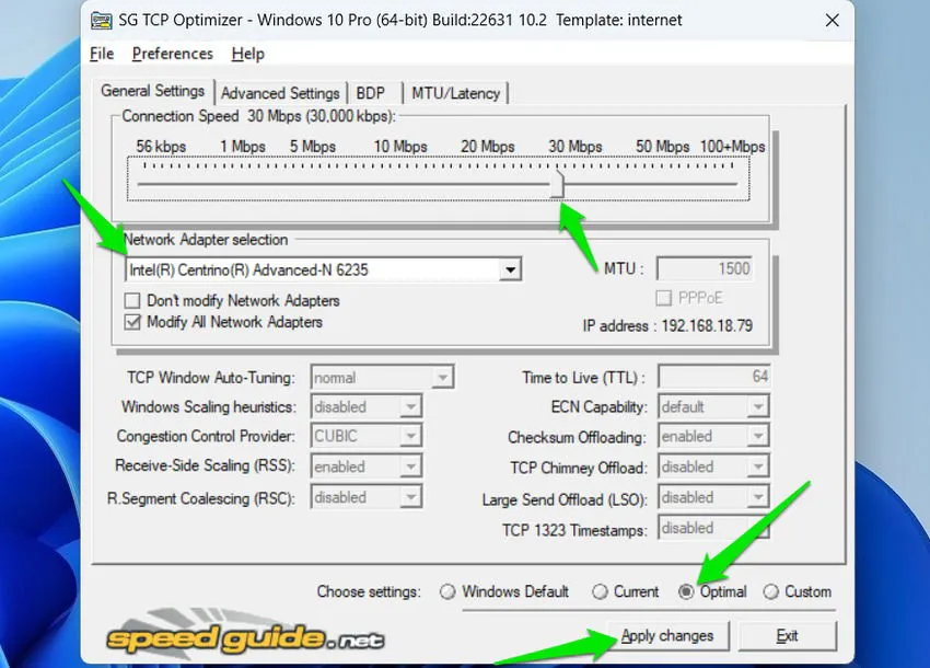 Interfaccia utente di TCP Optimizer