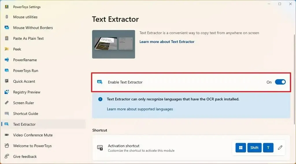 Habilitar el extractor de texto