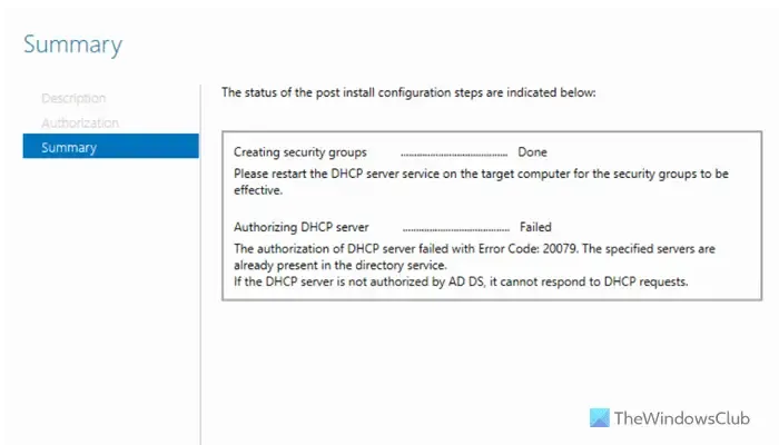 Falha de autorização do servidor DHCP com código de erro 20079