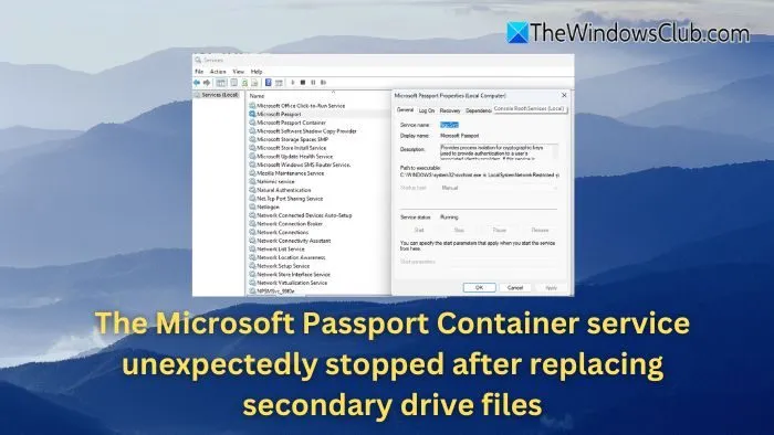 El servicio Microsoft Passport Container se detuvo inesperadamente después de reemplazar archivos de la unidad secundaria