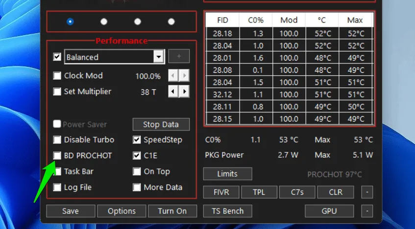 Opção Throttlestop desabilitada Bd Prochot