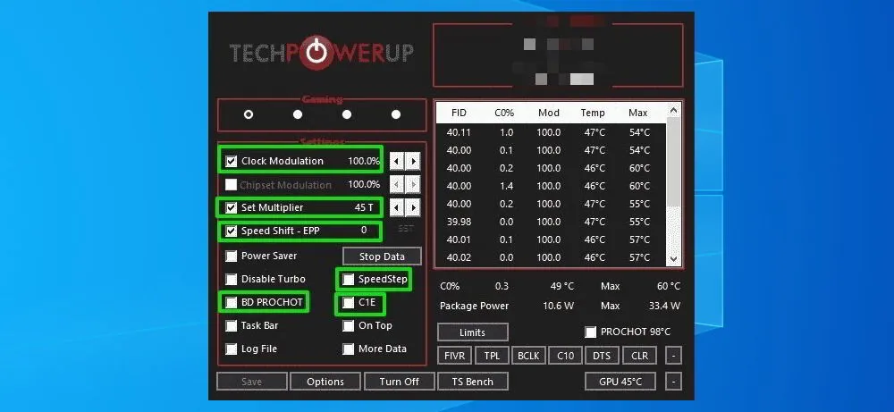 Paramètres de performances configurés dans ThrottleStop