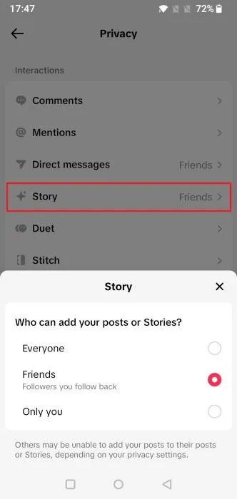 Auswählen der Story-Option in den TikTok-Datenschutzeinstellungen.