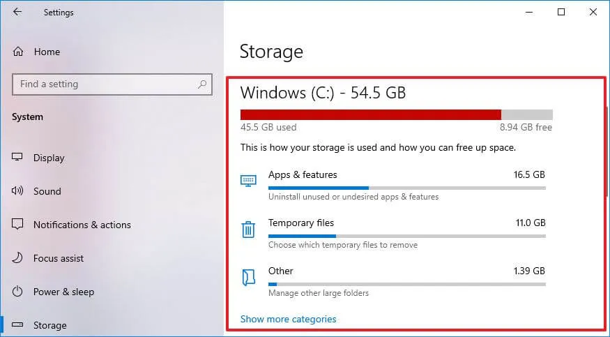 Storage settings on Windows 10 version 1903 and later