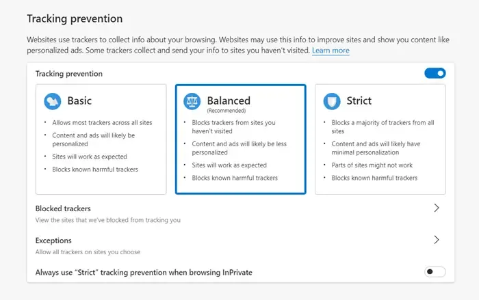 Tracking-Schutzfunktionen in Edge