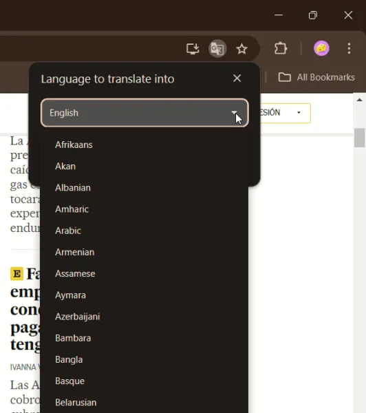 Certaines langues disponibles pour la traduction dans Google Chrome.