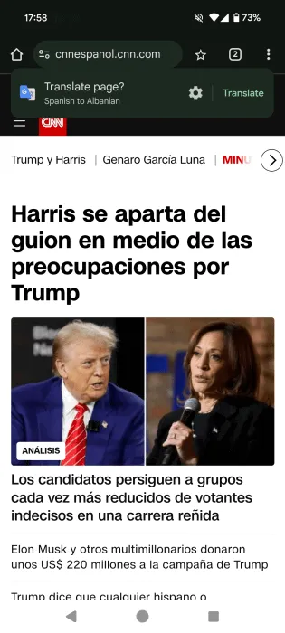 La barre de traduction automatique apparaît dans l'application Chrome pour Android.