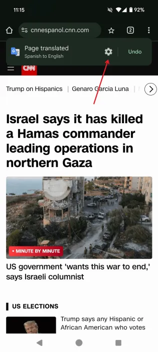 Tippen Sie auf das Zahnradsymbol in der Leiste „Seitenübersetzung“ in der Chrome-App auf Android.