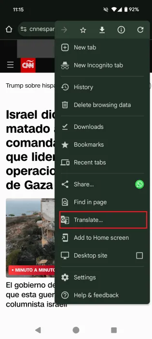 Tocando el botón Traducir en la aplicación Chrome para Android.