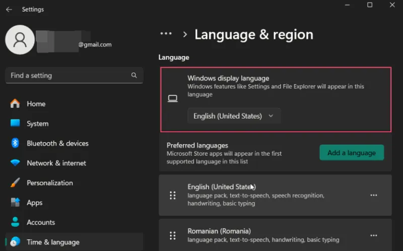 Modification de la langue du système sur un PC Windows.