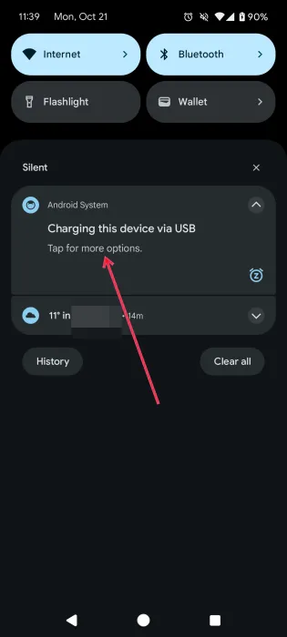 Ajuste de la configuración USB en un dispositivo Pixel.