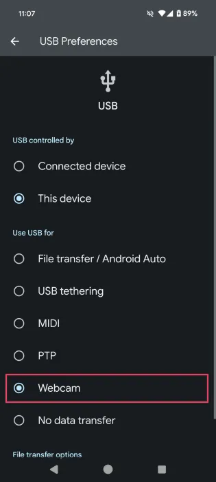 USB-voorkeuren instellen voor webcam op Android.