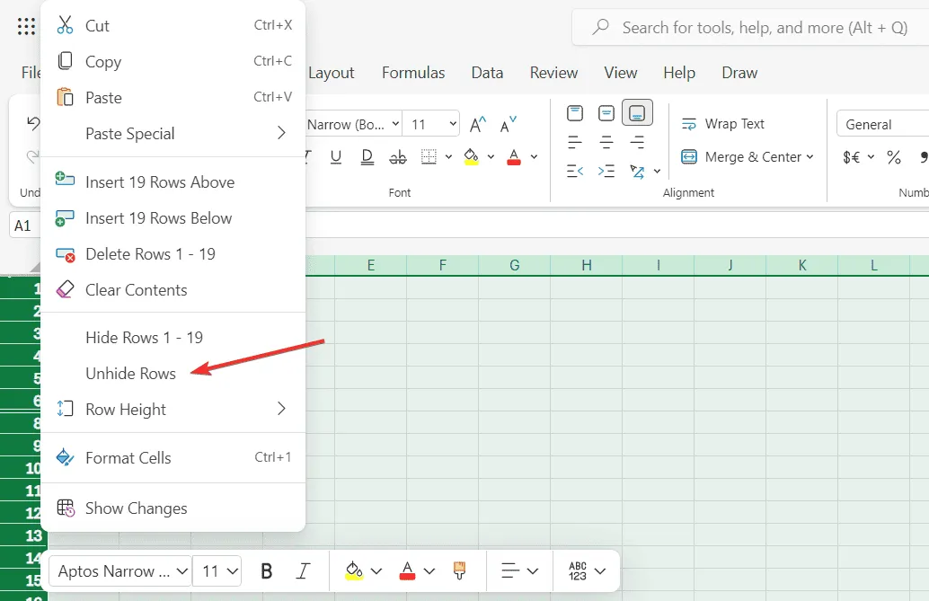 Contextual menu to unhide rows