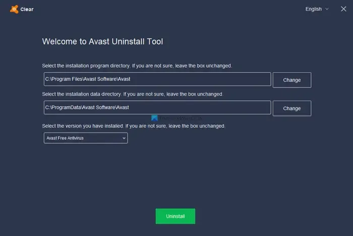 Windows での Avast Antivirus のアンインストール