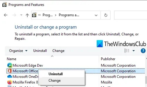 Uninstall Microsoft Office via Control Panel