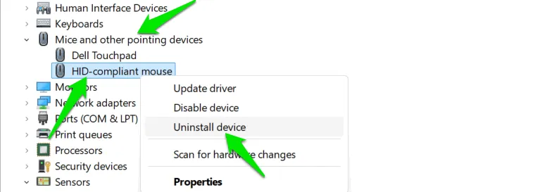 Uninstalling mouse driver in Device Manager