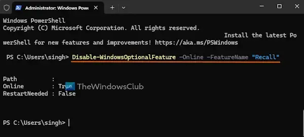 Desinstalar o Recall usando o Windows Terminal Powershell