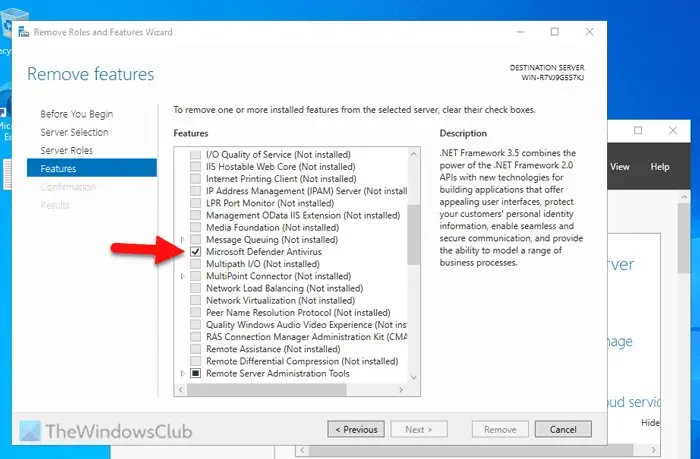 How to uninstall Windows Security from Windows Server