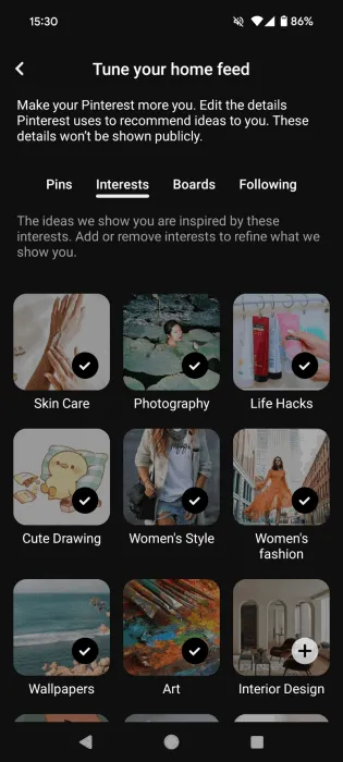 Android에서 Pinterest 앱에서 관심 추가하기.