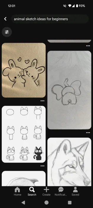 Searching for sketching ideas in the Pinterest mobile app.