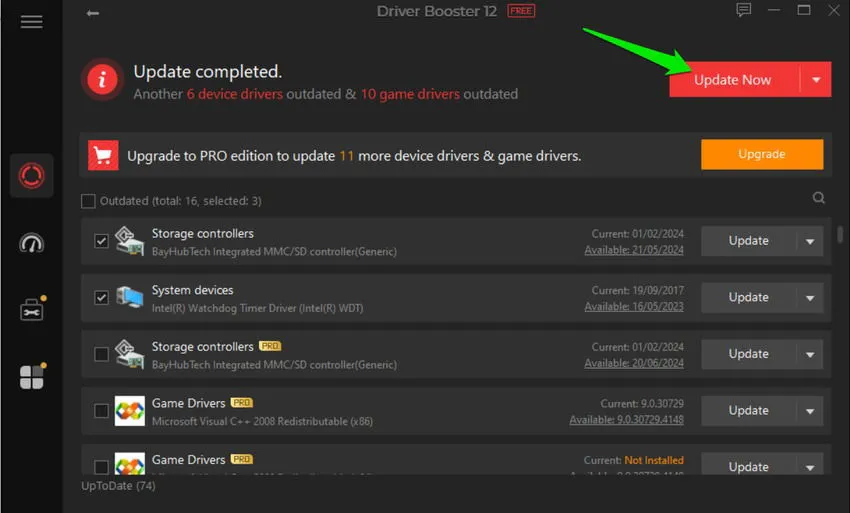 Lijst met drivers die beschikbaar zijn voor updates in IObit Driver Booster