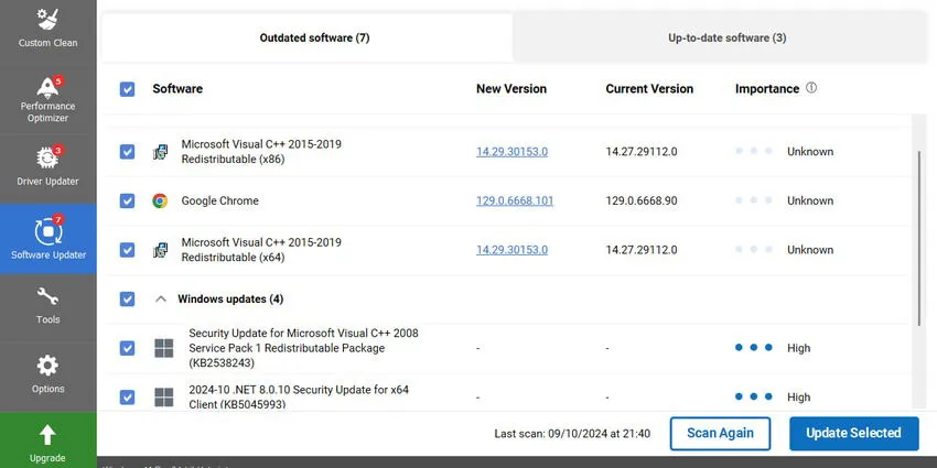 CCleaner's software updating interface