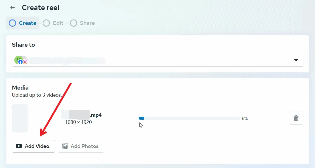 Adding a new video for Instagram in Meta Business Suite.
