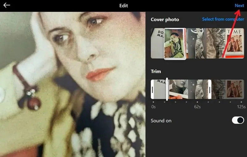 Escolhendo uma imagem de capa e ajustando a duração do vídeo no Instagram para PC.