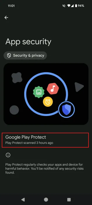 Google Play Protect is active on Android device.