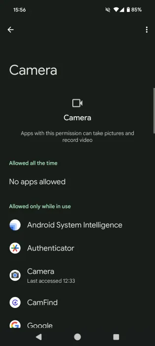 Camera permissions view on Android phone.