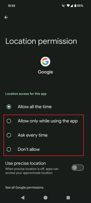 Changing permissions for an app on Android phone.