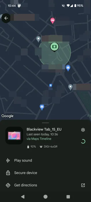 Find My Phone app showing location of Android device.