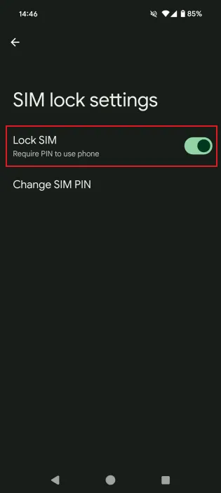 Enabling Lock SIM toggle in Android Settings.