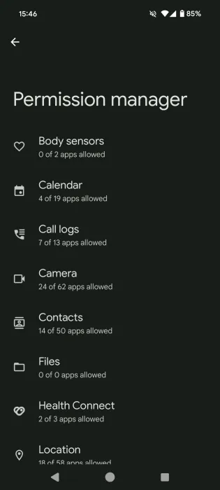 Permission manager view in Android Settings.