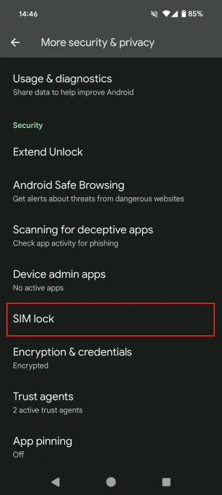 Tapping on SIM Lock in Android settings.