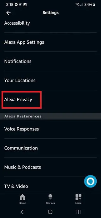 Revisando la configuración de privacidad de Alexa.