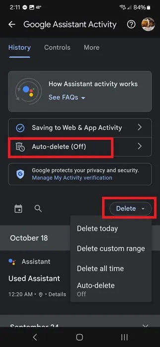 Deleting Google Assistant history.