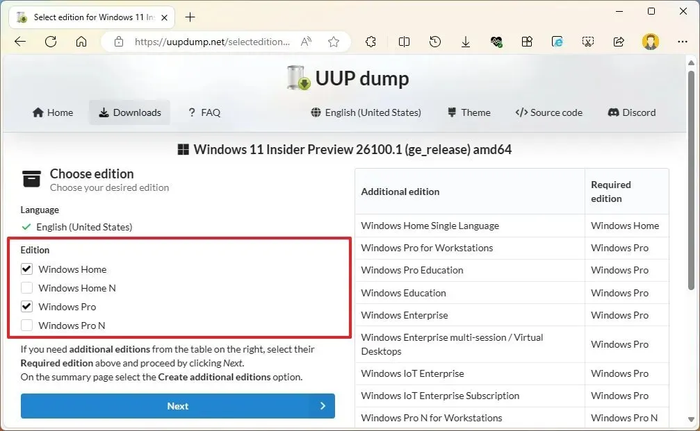 UUP Dump Windows 11 editions